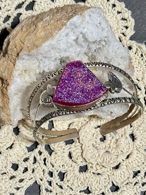 Pink Druzy Stone 925 Sterling Silver Cuff Bracelet